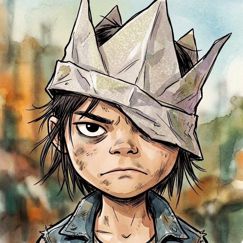 The Crown close-up — one eye, paper crown slipping