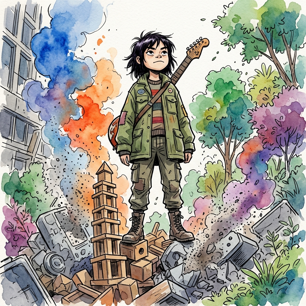 The Mess — standing defiant, guitar on her back